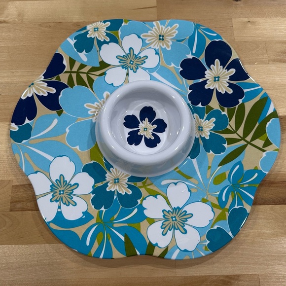 Other - EUC Floral Blue & Green Melamine Chip & Dip, Relish or Fruit Tray 14x14”